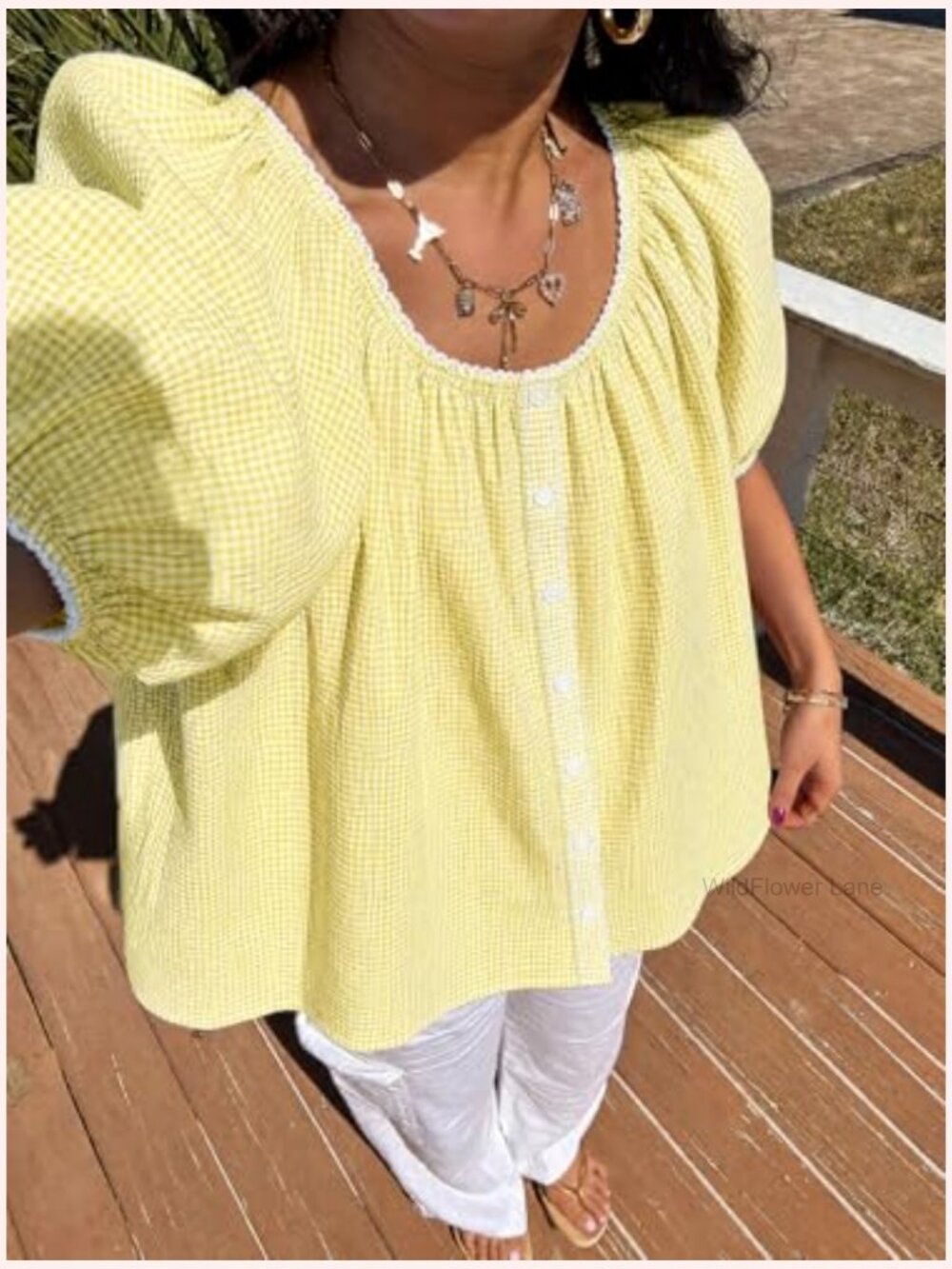 Women Puff Sleeve Gingham Blouse Summer Plaid Crew Neck Cute Tops Trendy Casual - Picture 2 of 7